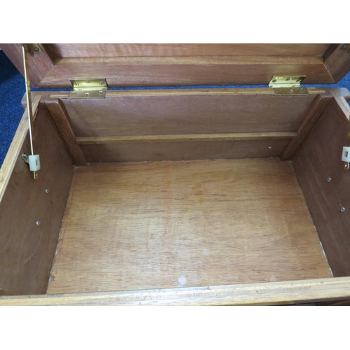 860 - Light wood, Joiner made sewing/craft box with leather upholstered seat. Brass Carry handles to sides... 