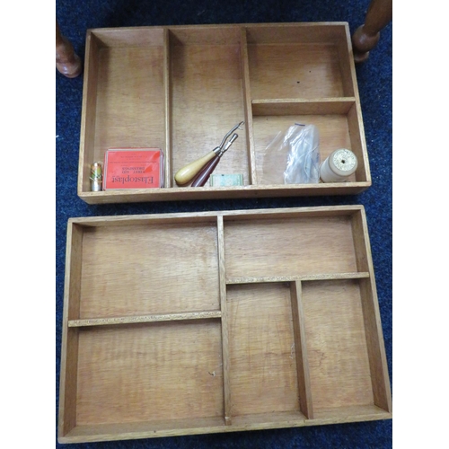 860 - Light wood, Joiner made sewing/craft box with leather upholstered seat. Brass Carry handles to sides... 