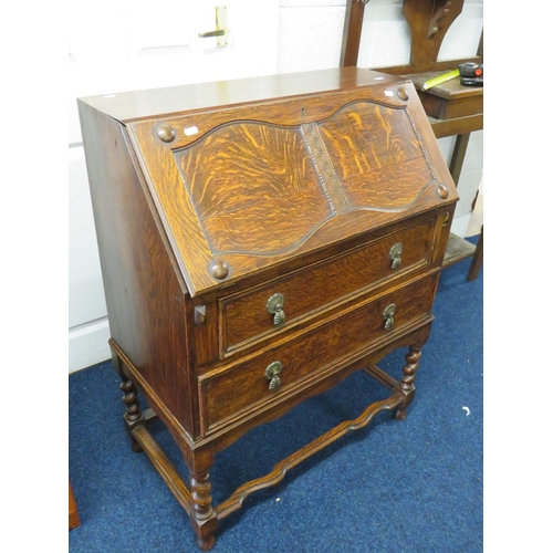 869 - Lovely Early 20th Century Oak Bureau with long drawers under. Short Barley twist sub legs. Good Colo... 