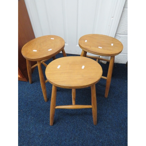 871 - Three Blonde wood Stools with barrel turned legs and stretchers all with Strong joints. Each 18 inch... 