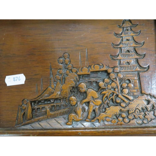 876 - Nest of Four, Oriental style hardwood tables, each with carved oriental decoration to corners and si... 