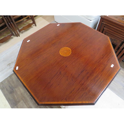 877 - Lovely Mahogany Octagonal table with satinwood inlaid decoration to centre. Raised on four tapered i... 