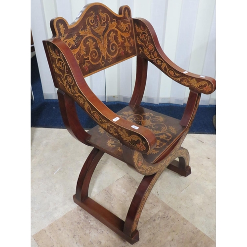 888 - Lovely mid 19th Century, Arts and Crafts style 'X' framed throne chair. Beautifuly inlaid Marquetry ... 