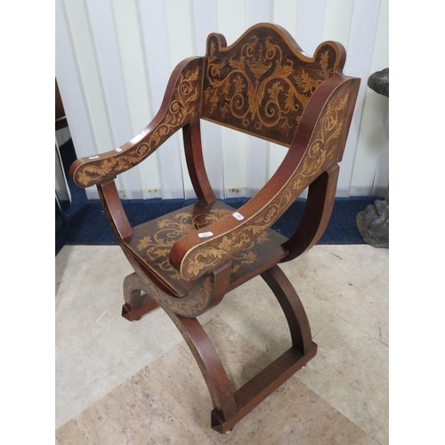 888 - Lovely mid 19th Century, Arts and Crafts style 'X' framed throne chair. Beautifuly inlaid Marquetry ... 