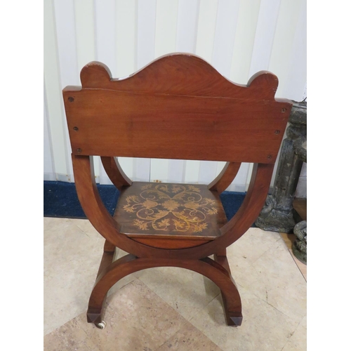 888 - Lovely mid 19th Century, Arts and Crafts style 'X' framed throne chair. Beautifuly inlaid Marquetry ... 