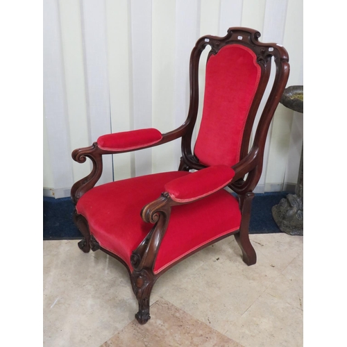 892 - Lovely Mahoghany Victorian Low chair upholstered in Vivid Crimson velour. Excellent condition. See p... 