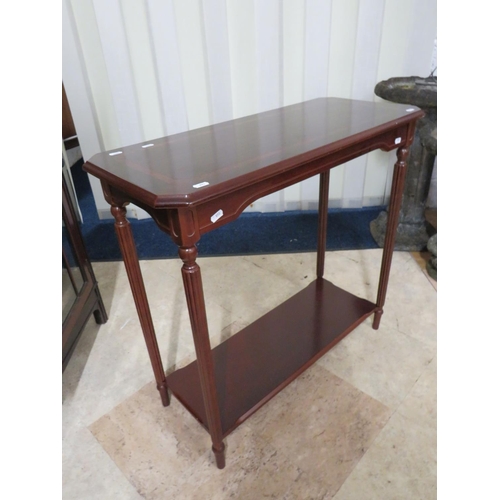 893 - Elegant hall table raised on reeded legs with lighter wood inlay to top, shelf under.  H:29 x W:31 x... 