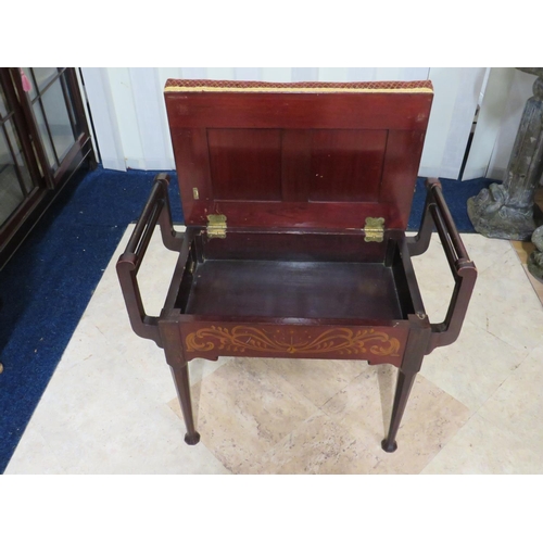 903 - Victorian era piano stool restored and re upholstered.  Marquetry inlaid decorations to front and re... 