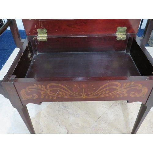 903 - Victorian era piano stool restored and re upholstered.  Marquetry inlaid decorations to front and re... 