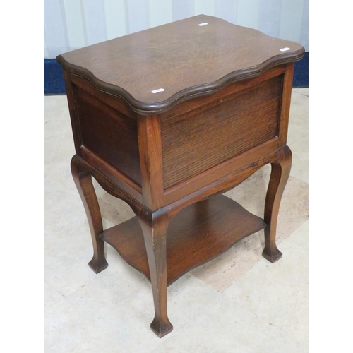 908 - Early 20th Century Oak Sewing table with pivot top. Pink silk and velvet lining. Shelf under .  H:26... 