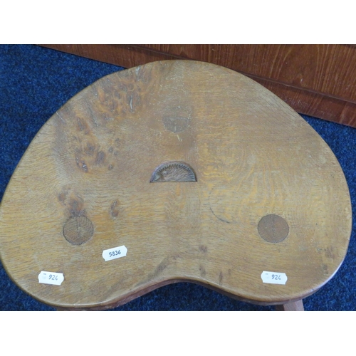 924 - Simply made Oak three legged stool with kidney shaped seat. Hedgehog emblem carved into seat. 17 Inc... 