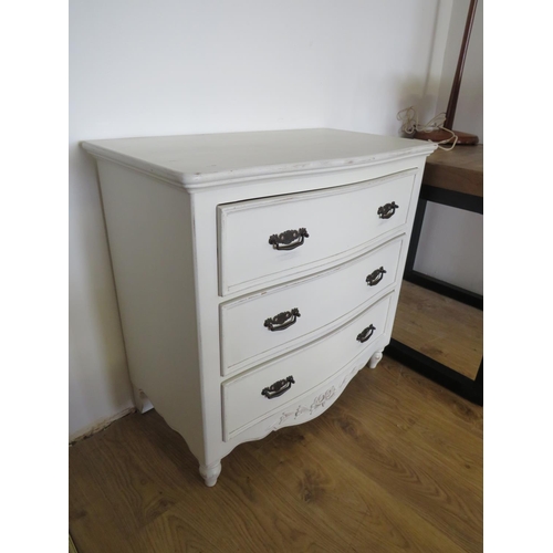 930 - Serpentine fronted Three drawer painted cabinet. H:33 x W:34 x D:18 Inches. See photos. S2