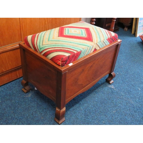 932 - Darkwood sewing box with needlepoint upholstered lid.  H:17 x W:23 x D:15 Inches. See photos. S2