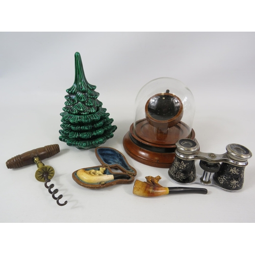 619 - Antique pocket watch dome, 2 small vintage pipes etc.