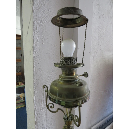 935 - Heavy Brass Standard lamp with Old lantern to top which has since been converted to Electricity. Com... 