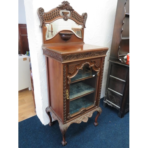 955 - Victorian glass fronted display cabinet with two fixed shelves , faded blue lining. Galleried top wi... 