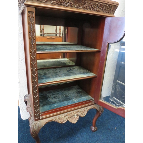 955 - Victorian glass fronted display cabinet with two fixed shelves , faded blue lining. Galleried top wi... 