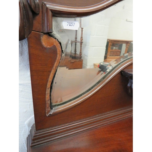 955 - Victorian glass fronted display cabinet with two fixed shelves , faded blue lining. Galleried top wi... 