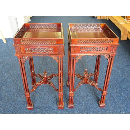 958 - Lovely Pair of possibly Rosewood Chinoiserie occasional tables each with pull out drawer. Raised on ... 