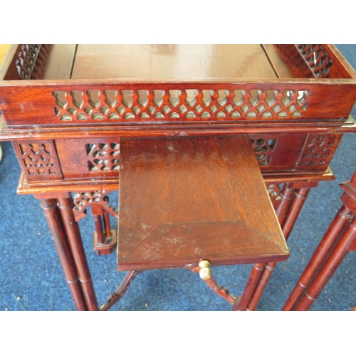 958 - Lovely Pair of possibly Rosewood Chinoiserie occasional tables each with pull out drawer. Raised on ... 