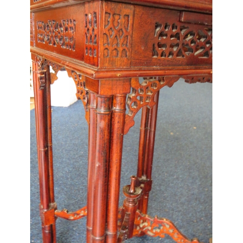 958 - Lovely Pair of possibly Rosewood Chinoiserie occasional tables each with pull out drawer. Raised on ... 