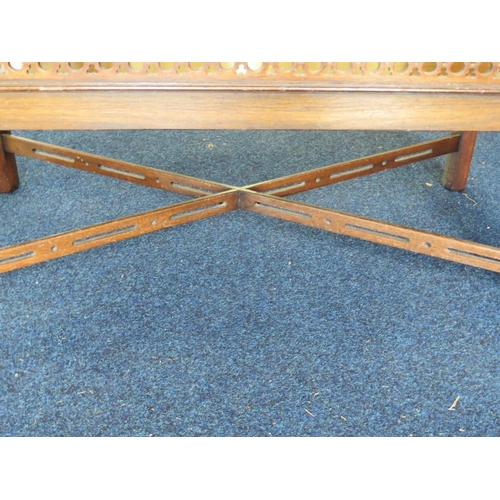 960 - Victorian Arts and Crafts style mahogany low table with cross frame stretchers.  Galleried top. H:18... 