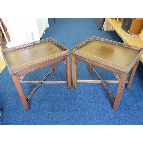 961 - Pair of Victorian arts and Crafts style mahogany low tables with cross frame stretchers.  Galleried ... 