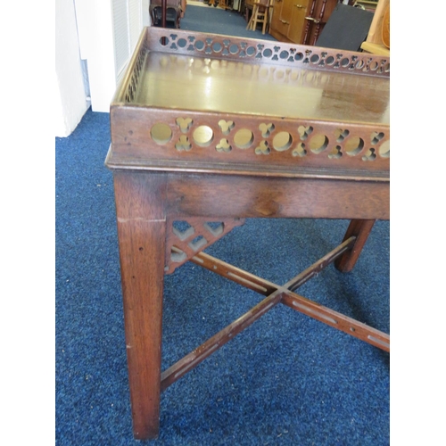 961 - Pair of Victorian arts and Crafts style mahogany low tables with cross frame stretchers.  Galleried ... 