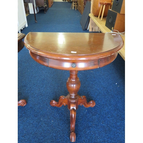 963 - Pair of Demi lune tables each raised on bracket legs and central turned column. Each set with drawer... 