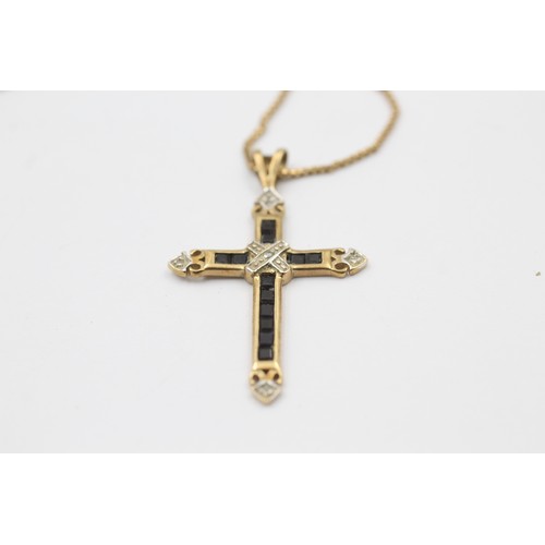 331 - 9ct gold diamond & sapphire cross pendant necklace (3.4g)     788843