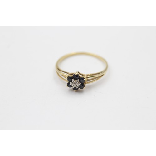 346 - 9ct gold diamond & sapphire floral cluster ring with split shank (1.3g)    788836   Finger Size 'P'