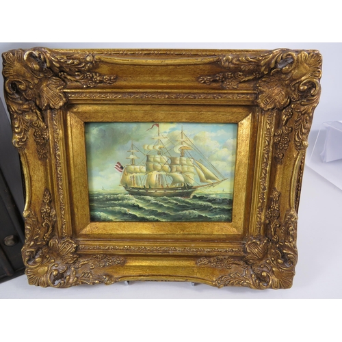 710 - Small wooden and leather bound chest (30cm tall) plus a small oilised print in a gilt frame.