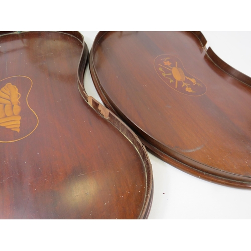 713 - 2 Vintage kidney shaped wooden trays. Both have slight damage. Plus a small oval bevel edge mirror.