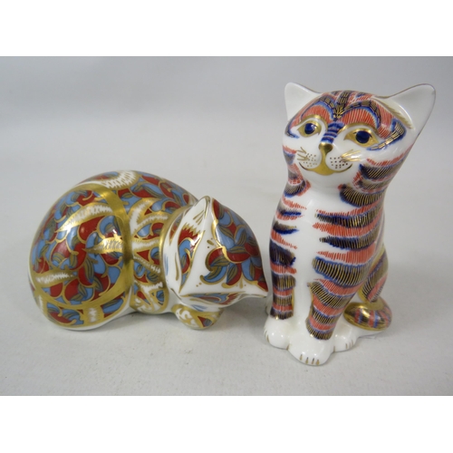 719 - 2 Royal crown derby kitten paperweights with gold stoppers.