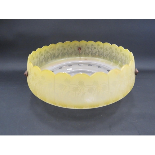 733 - Large art deco yellow and clear glass flycatcher light shade. Approx 13