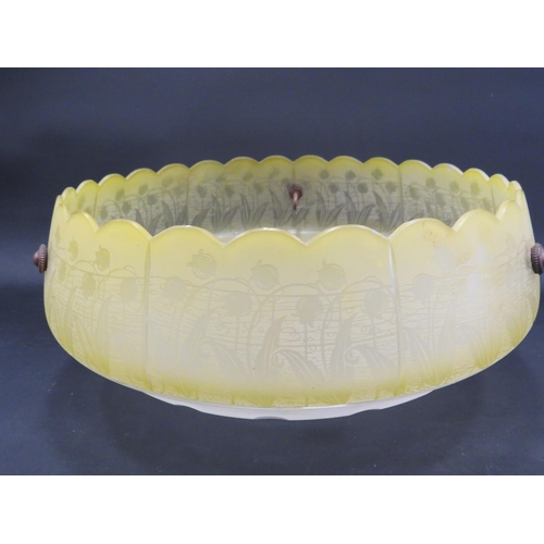 733 - Large art deco yellow and clear glass flycatcher light shade. Approx 13