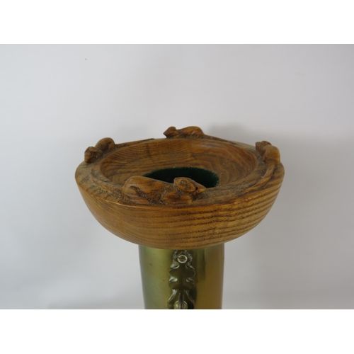 763 - Handmade brass and wooden stick stand with carved mice to the rim. 18.5