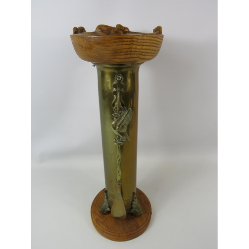 763 - Handmade brass and wooden stick stand with carved mice to the rim. 18.5