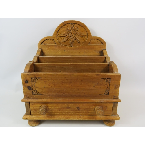 767 - Large carved wooden waterfall letter rack with draw below.