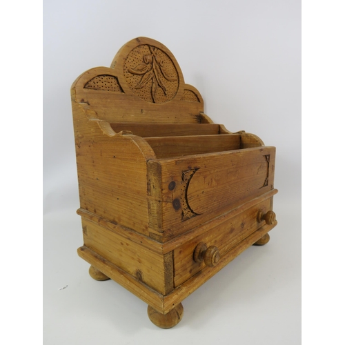 767 - Large carved wooden waterfall letter rack with draw below.