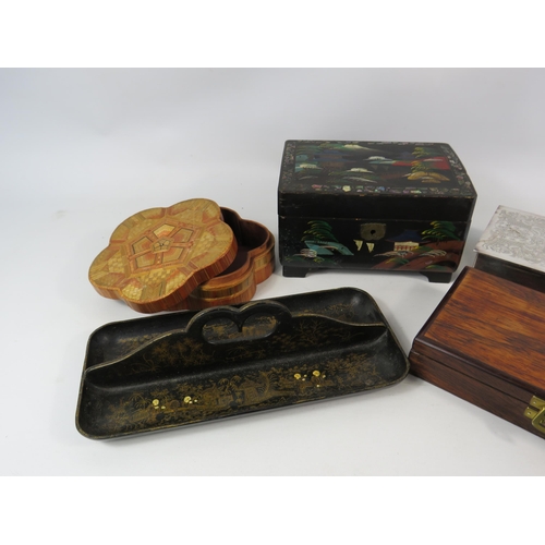 784 - Vintage trinket and cigarette boxes and a chinese laqured pen tidy.