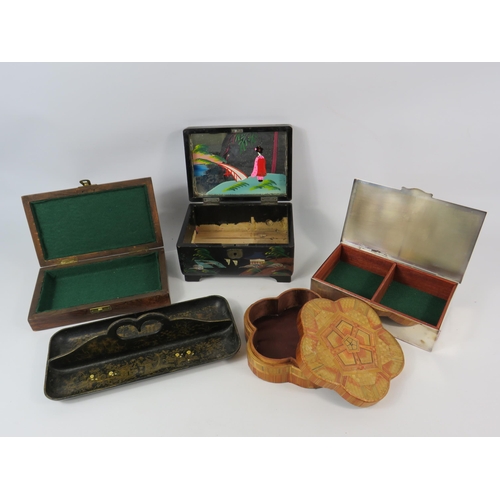 784 - Vintage trinket and cigarette boxes and a chinese laqured pen tidy.