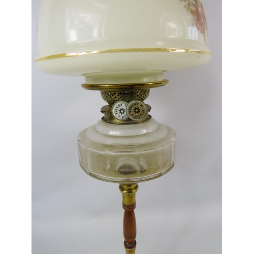 785 - Duplex vintage brass and wood oil lamp with opaque glass shade. 27