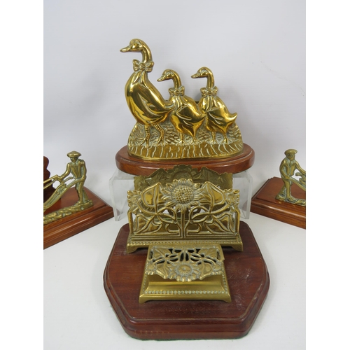 797 - 4 Brass and wooden letter racks, Horses, ducks and flowers.