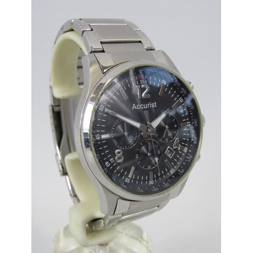 279A - Accurist Chronograph, Brushed steel strap. Quartz Movement. runs well. see photos.