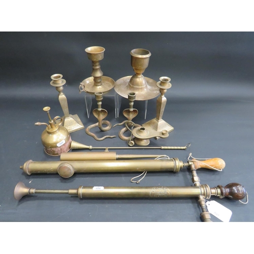 809 - Selection of Brass Items to include Garden pumps, Candlesticks etc. see photos.