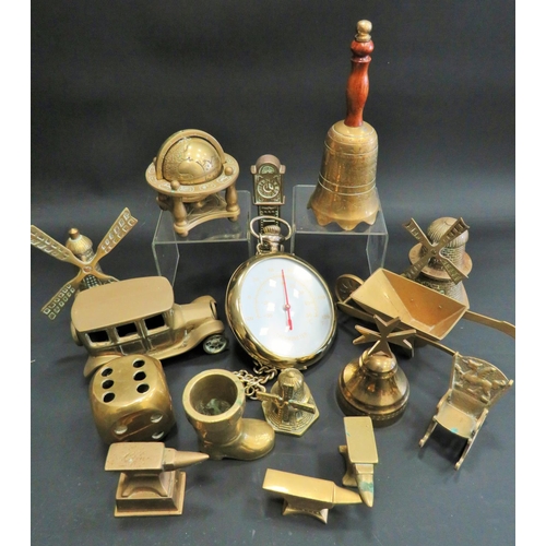 812 - Selection of Brass Fireside items to include a Globe, Car, Stopwatch thermometer etc. see photos.