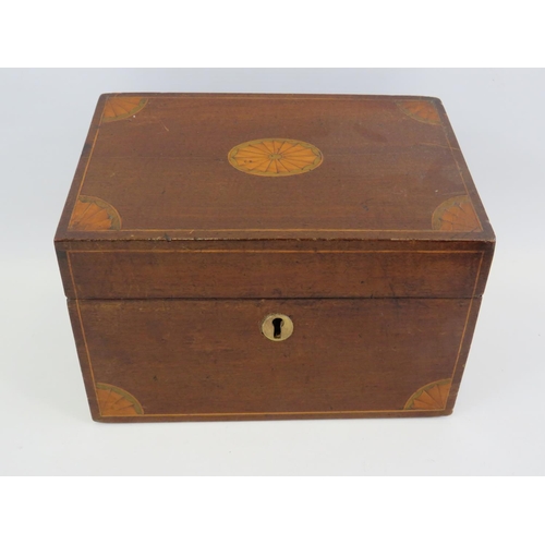 839 - Beautifully made Mahogany lidded letter safe with inlaid decorations to lid and front. Measures 7 x ... 