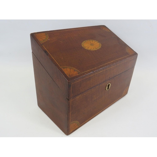 839 - Beautifully made Mahogany lidded letter safe with inlaid decorations to lid and front. Measures 7 x ... 