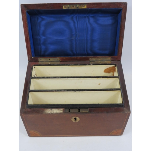 839 - Beautifully made Mahogany lidded letter safe with inlaid decorations to lid and front. Measures 7 x ... 